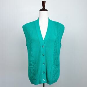 Vintage College Point 70s Green Cable Knit V-Neck Sleeveless Vest